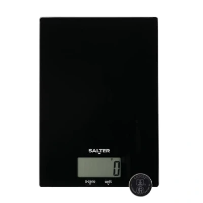 Image of Salter 1170 BKDR Electronic Kitchen Scale 5kg Capacity Digital Weighing Scale, Slim Design, Easy Clean Glass Platform, Add &amp; Weigh, Measure Liquids, Read LCD Display, Battery Included, Black