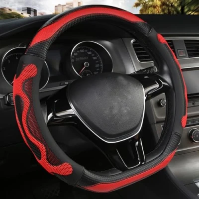 Image of D Cut Steering Wheel Cover Shaped Flat Bottom Microfiber Leather Anti Skid Breathable Fit 14.5&quot; 15&quot; (red)