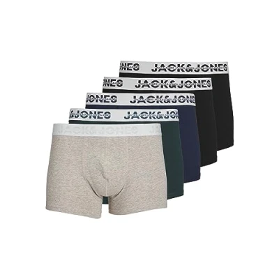 Image of Jack &amp; Jones Men&#039;s Jacdallas Logo Trunks Pack of 5 Boxer Shorts, Light Grey Melange/Pack: Magical Forest Navy Blazer Black Black, L