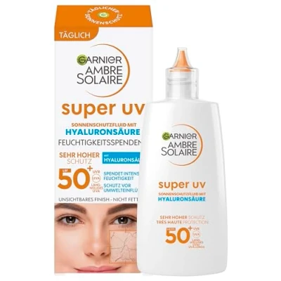 Image of Garnier Ambre Solaire Antioxidant Super UV Sun Protection Fluid with SPF 50+ Light and Non Greasy Cream Hyaluronic Acid, 40 ml (Pack of 1)