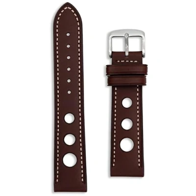 Image of Luxury Leather Rally Style Watch Strap 18mm Dark Brown White Stitching Tool and Spring Bars Included (18mm, Brown)