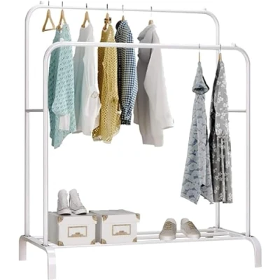 Image of edihome, Clothes Rail, Coat Stand, Rack, Double, for Bedroom, 110X150X54 cm, Resistant, Metal, with Shoe Support, Organizer, Easy Assembly (White)