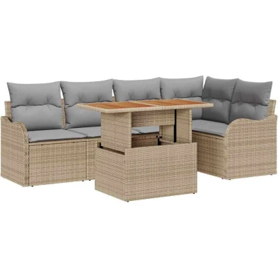 Image of vidaXL 6 Piece Garden Sofa Set with Cushions Beige Poly Rattan