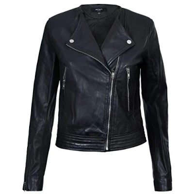 Image of Infinity Leather Womens Collarless Biker Jacket Padova Black Size 18 UK