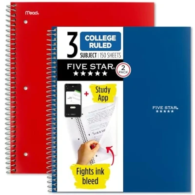 Image of Five Star Spiral Notebooks Plus Study App, 2 Pack, 3 Subject, College Ruled Paper, 11&quot; x 8 1/2&quot;, 150 Sheets, Blue &amp; Red (38502)
