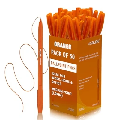 Image of Eziglide Ballpoint Orange Pen, Pack of 50 Pens, Smooth Writing Action Medium point Nib (1.0mm) coloured pens multipack, Ball pen Ideal for School, Work, Home stationary