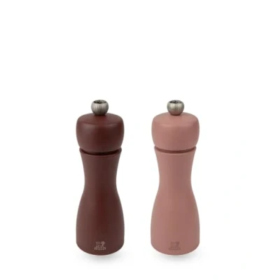 Image of PEUGEOT Tahiti Air Duo Pepper Mill + Salt 15cm Includes Black and Rock Classic Adjustment PEFC Certified Wood Made in France Cocoa Brown Hazelnut