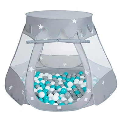 Image of Selonis Play Tent 105X90cm/100 Balls Castle House Pop Up Ballpit Plastic For Kids, Grey:Grey White Turquoise