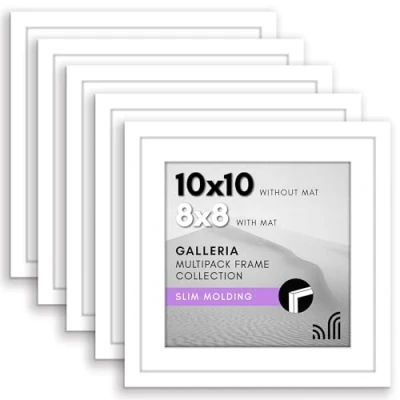 Image of Americanflat 10x10 Picture Frame with Polished Plexiglass Set of 5 Use as 8x8 Mat or Without Galleria Collection Gallery Frames for Tabletop and Wall Display White