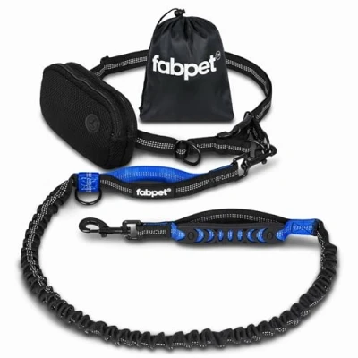 Image of Fabpet Hands Free Dog Lead for Running, Walking and Jogging Strong Dual D ring Design up to 60kg, Adjustable Waist Belt with Detachable Bag