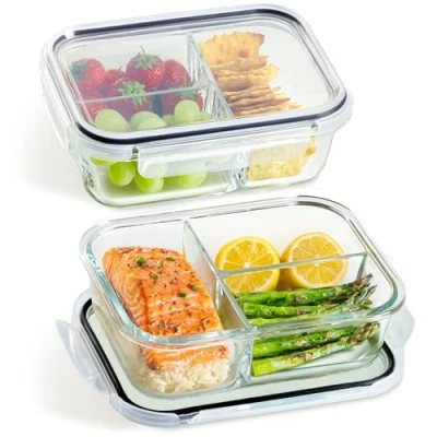 Image of Glass Containers with Lids Set of 2 Meal Prep 3 Compartments 1 Litre Airtight Suitable for Dishwasher, Microwave &amp; Oven