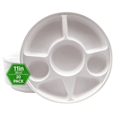 Image of Venuscello 20 x Strong Disposable 7 Compartment 11 Inch Bagasse Plates Heavy Duty Biodegradable White Eco Friendly &amp; Compostable Party