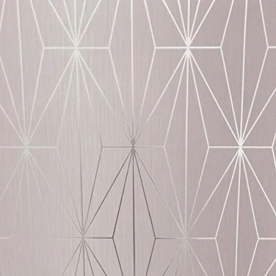 Image of Muriva Kayla Metallic Geometric Diamond Triangles Vinyl Wallpaper Shiny Embossed Heavyweight 10m Roll Blush &amp; Silver 703012