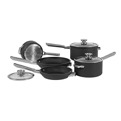 Image of Ninja ZEROSTICK Stackable Cookware 5 Piece Pan Set, Non Stick, 3 Saucepans with Oven Safe Glass Lids &amp; 2 Frying Pans, Long Lasting Hard Anodised Aluminium, Grey, C55000UK