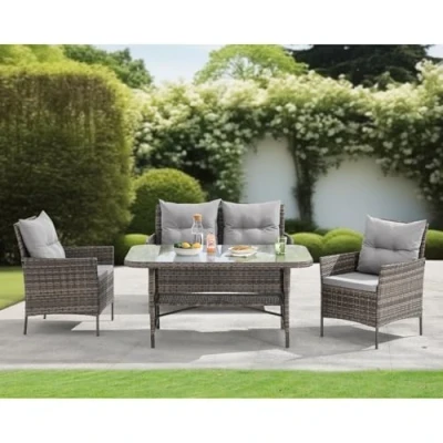 Image of EVRE Brown Florence Garden Rattan Furniture Set 4 Piece Seat 1 Sofa 2 Chair Dining Outdoor Conservatory Wicker Weave Lounge and Glass Top Table with Cushions