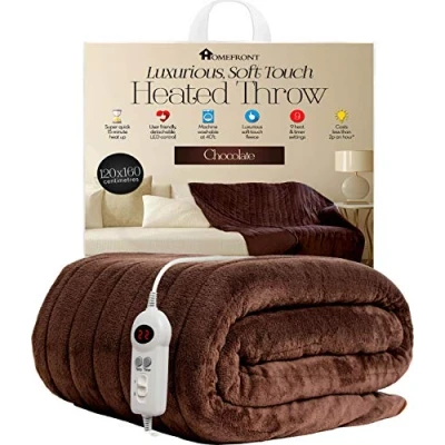 Image of Homefront Electric Heated Throw/Over Blanket in Chocolate (160 x 120 Centimetres) Easy To Use Digital Control Machine Washable Ultra Soft, Cosy Finish