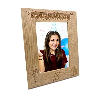 Image of 13th Birthday Photo Frame Portrait Wooden Engraved Bunting Style Gift (4 x 6 Inch)