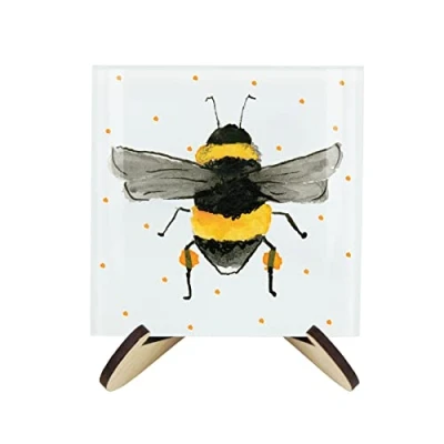 Image of Scattered Bees Glass Coasters &amp; Stand Set Square Painted Bumblebees Dots By Rhiannon Chauncey of Four (4) Wood Effect