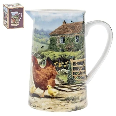 Image of Cockerel and Hen with Chicks Fine China Jug in Matching Gift Box