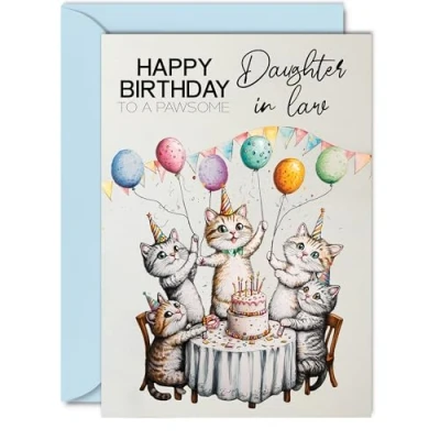 Image of Daughter in Law Birthday Card Pawsome Party Cats Balloons Happy for from Father Dad Mother Mum, A5 Female Cat Bday Greeting Cards