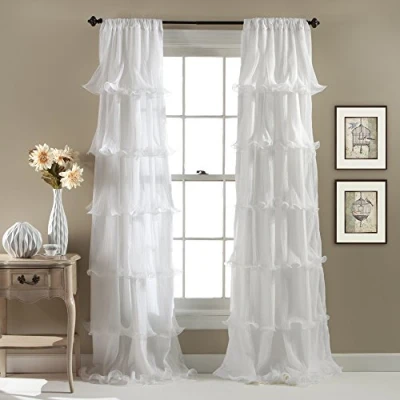 Image of Lush Decor Nerina Curtain Sheer Ruffled Textured Window Panel for Living, Dining Room, Bedroom (Single), 84 by 54 Inch, White