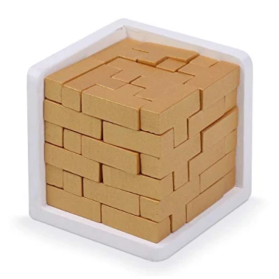 Image of Original 3D Wooden Brain Teaser Puzzle. Genius Skills Builder T Shape Pieces. puzzles For Adults And Kids. Painted Finish Puzzle Box (Gold Edition)