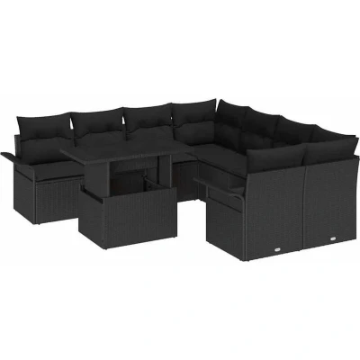 Image of vidaXL 9 Piece Garden Sofa Set with Cushions Black Poly Rattan