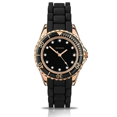 Image of Ladies Sekonda black &amp; rose tone silicone strap watch 4743