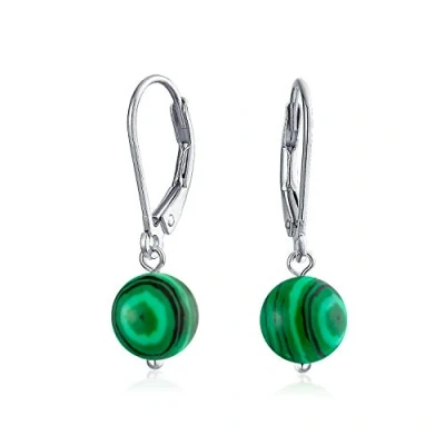 Image of Simple Round Bead Dark Green Malachite Gemstone Lever back Ball Drop Earrings For Women Teen .925 Sterling Silver