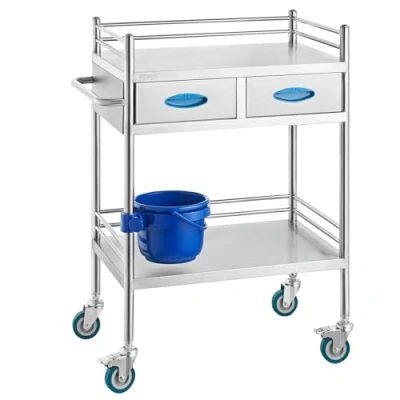 Image of VEVOR Lab Serving Cart, 2 Layers Stainless Steel Utility Rolling Medical Cart with Two Drawers, Dental Lockable Wheels and A Bucket, for Laboratory, Hospital, Use