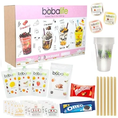 Image of Bubble Tea Kit Gift Box Bobashake Selection Makes 12 Drinks Flavoured Syrups &amp; Powder Strawberry, Mango, Chocolate, French Vanilla By Bobalife