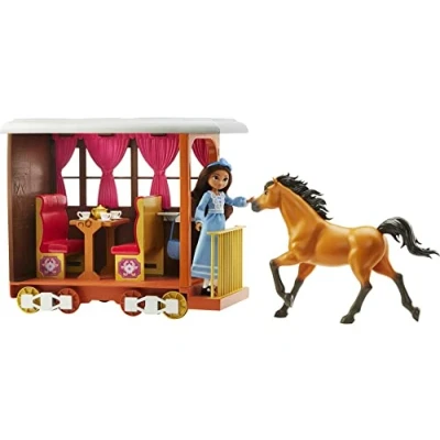 Image of ​Spirit Untamed Lucky’s Train Home Playset, with Rolling Wheels Balcony, Dining Accessories, Lucky Doll (7 in/17.78 cm), Multicolor, HBT15