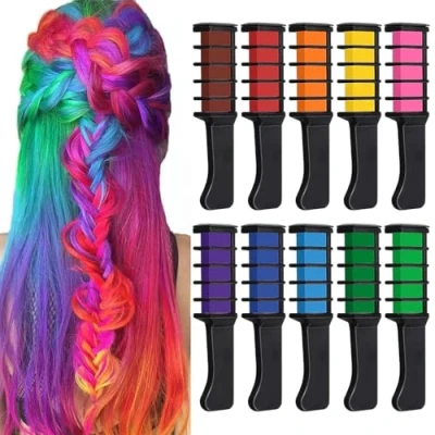 Image of 10 Color Temporary Bright Hair Chalk Set, Kalolary Metallic Glitter Chalks Birthday Girls Gift, Comb Set Washable for Kids Dyeing Party, Cosplay, Halloween, Christmas