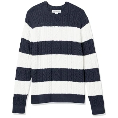 Image of Amazon Essentials Men&#039;s Long Sleeve 100% Cotton Fisherman Cable Crewneck Jumper, Navy White Rugby Stripe, XL