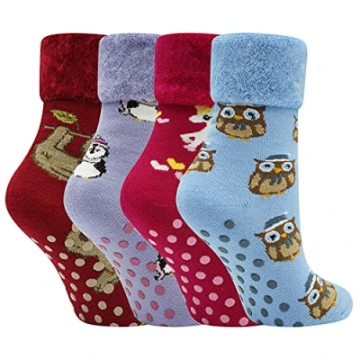 Image of Soxy Super Soft Ladies Bed Socks 4 Pack Women&#039;s Fleece Lined Brushed Thermal Slipper Anti Slip with Gripper Sole Assorted Animal Designs UK Shoe Size 6
