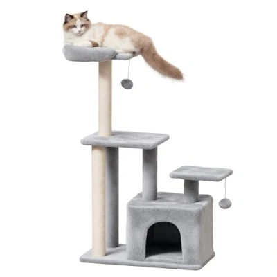 Image of PawHut Cat Tree Tower for Indoor Cats 114cm Climbing Activity Centre Kitten with Sisal Scratching Post Perch Hanging Ball Condo Toy Light Grey