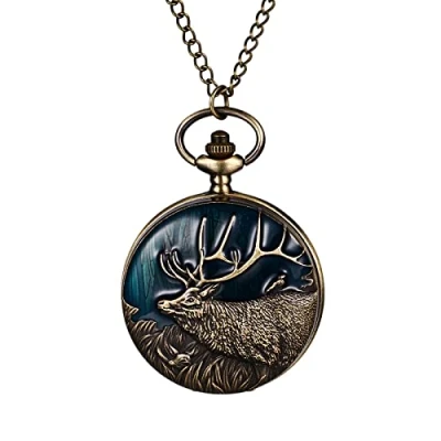 Image of JewelryWe Quartz Pocket Watch for Men Women Vintage Stylish Deer Pattern Carved Pendant Necklace