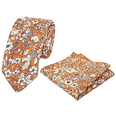Image of DB Dickie Bow Men&#039;s Luxury Cotton Skinny Neck Tie &amp; Pocket Square Set (Orange Floral) suitable for formalwear, office, weddings, parties, grooms groomsmen outfits