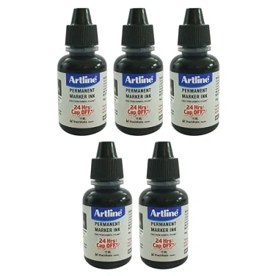 Image of Artline Permanent Marker Pens Refill Ink Bottles, Black, Pack of 5, Volume 15ml per Bottle, for Markers, Refills