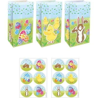 Image of 24 x Easter Party Bags With Stickers Seal Shut Sandwhich Kids Paper Picnic Egg Hunt Gift Bag Goodies Treats Holder