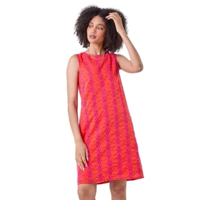 Image of Roman Originals Cotton Embroidery Detail Shift Dress for Women UK Ladies Everyday Holiday Spring Summer Round Neckline Comfy Soft Evening Vacation Work Party Orange Purple Size 18