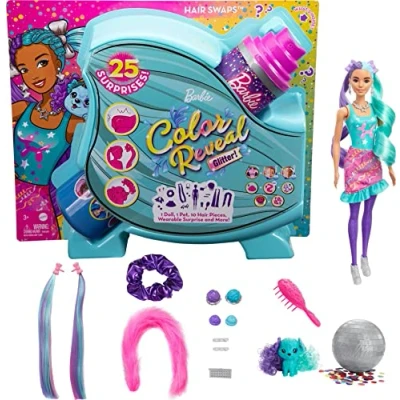 Image of Barbie Color Reveal Doll, Glittery Purple with 25 Hairstyling &amp; Party Themed Surprises Including 10 Plug In Hair Pieces, Gift for Kids 3 Years Old Up