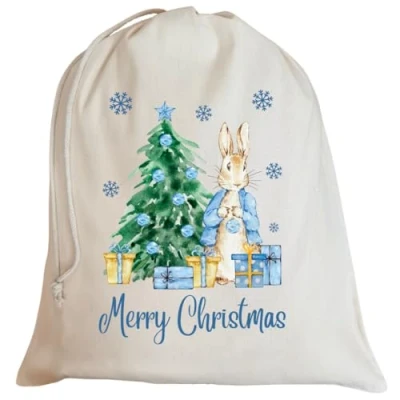 Image of Second Ave Cute Blue Bunny Rabbit Christmas Sack Cotton Drawstring Xmas Santa Bag Gift Boys