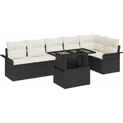 Image of vidaXL 7 Piece Garden Sofa Set with Cushions Black Poly Rattan