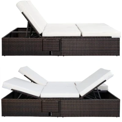 Image of CASARIA® Polyrattan Double Sun Lounger Reclining Day Bed with Fold Out Tables 116x193cm Outdoor Garden Furniture 5 Way Recliner Weatherproof Patio Deck Balcony Sunbed Brown Cream