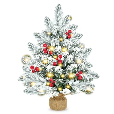 Image of Tabletop Christmas Tree, 20 inch Artificial Mini Tree with LED Lights, Snowy Spruce Xmas Pine Cones and Red Berries, Holiday Desktop Decorations,Burlap Base