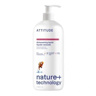 Image of ATTITUDE Washing Up Liquid, EWG Verified, Vegan Dish Soap, Plant Based, Naturally Derived Products, Pink Grapefruit, 1 Liter