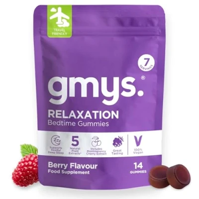 Image of Gmys Relaxation Bedtime Travel Pack Montmorency Cherry Tart Extract with Melatonin Gummies Sleep Aid a Calming Blend of L Theanine, Chamomile, Lemon Balm and Lavender 14