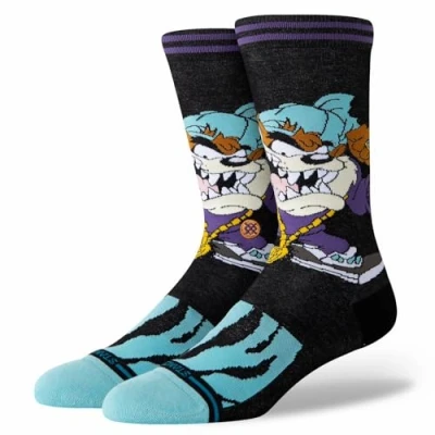 Image of Stance Taz Crew Socks Tasmanian Devil Looney Tunes Patterned Black Calf Medium