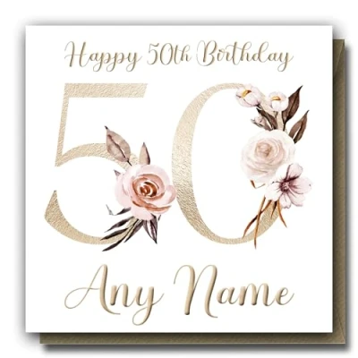 Image of Personalised 50th Birthday card Fifty for women Custom Name Floral greeting her 50 today